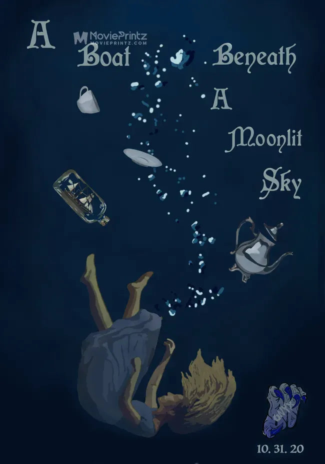 A Boat, Beneath a Moonlit Sky Poster